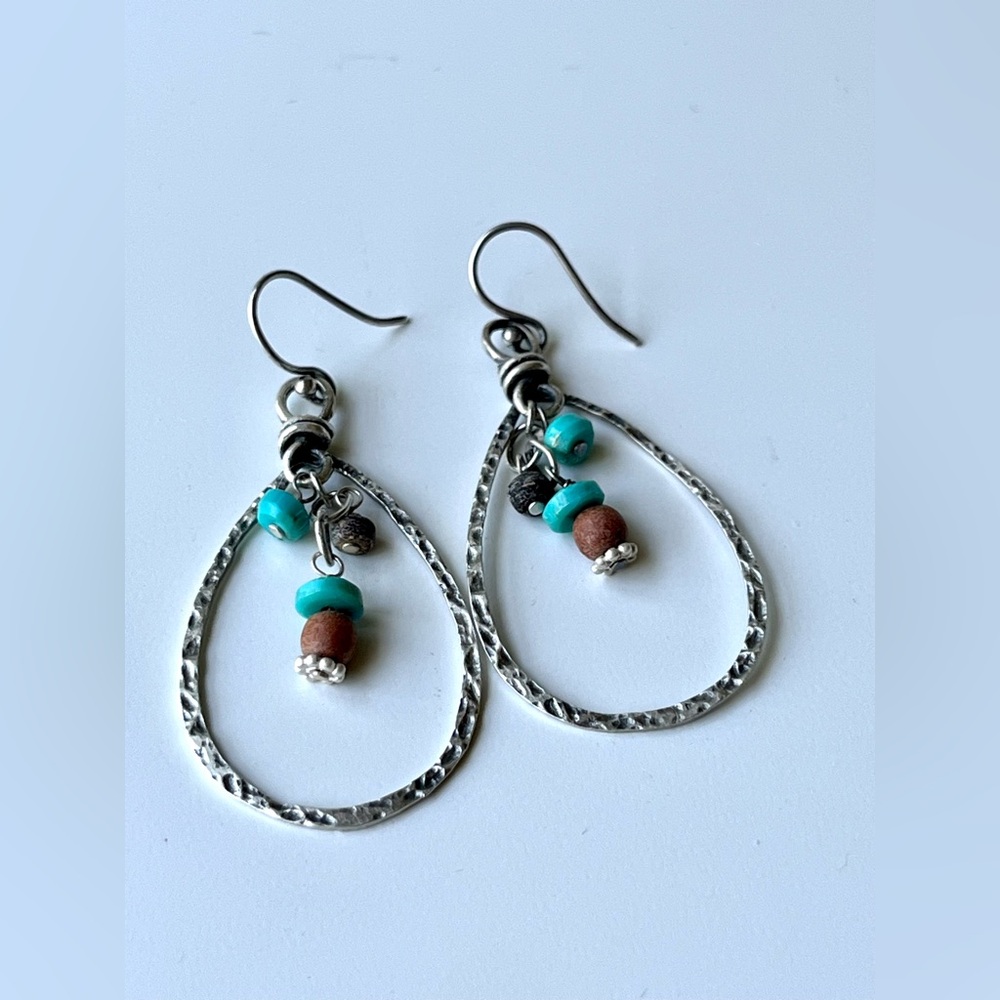 Retired Turquoise, Wood and Sterling Silver hammered Sterling Silver Earrings - Picture 4 of 4